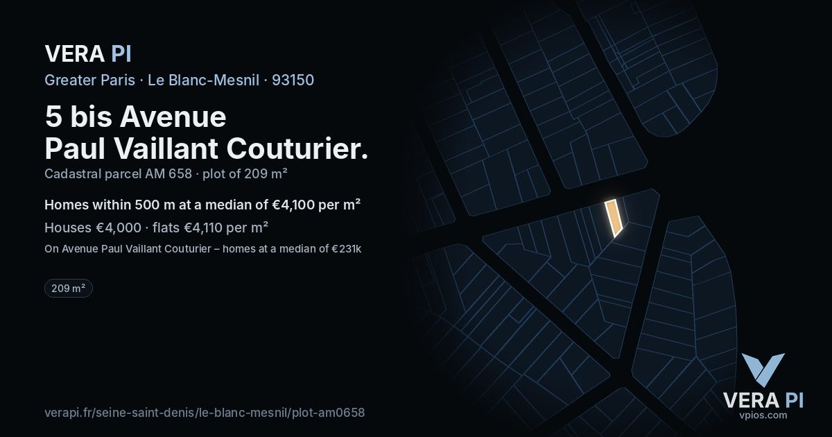 5 bis Avenue Paul Vaillant Couturier, Le Blanc-Mesnil at night – the plot lit, the parcels around coloured by the prices near them