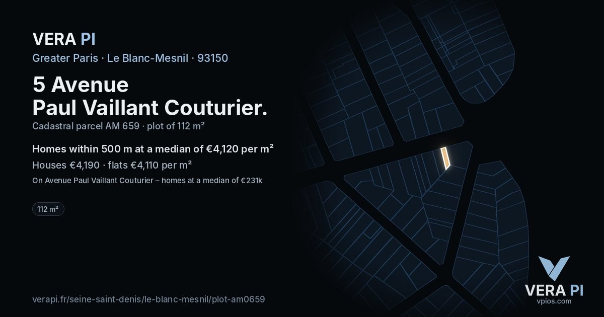 5 Avenue Paul Vaillant Couturier, Le Blanc-Mesnil at night – the plot lit, the parcels around coloured by the prices near them