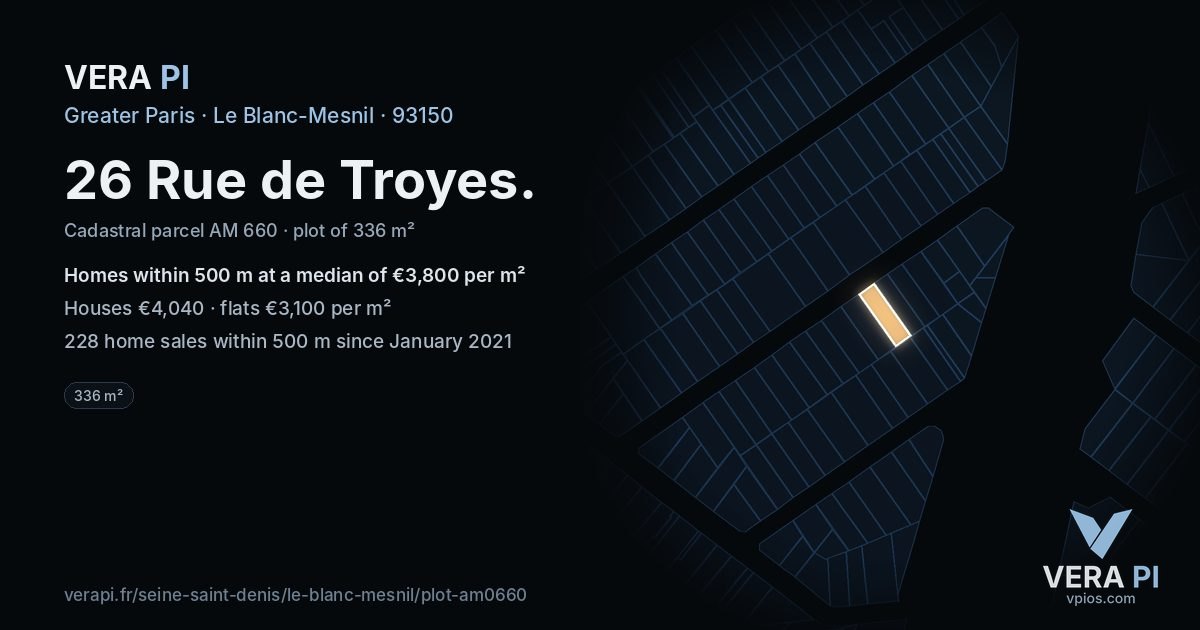 26 Rue de Troyes, Le Blanc-Mesnil at night – the plot lit, the parcels around coloured by the prices near them