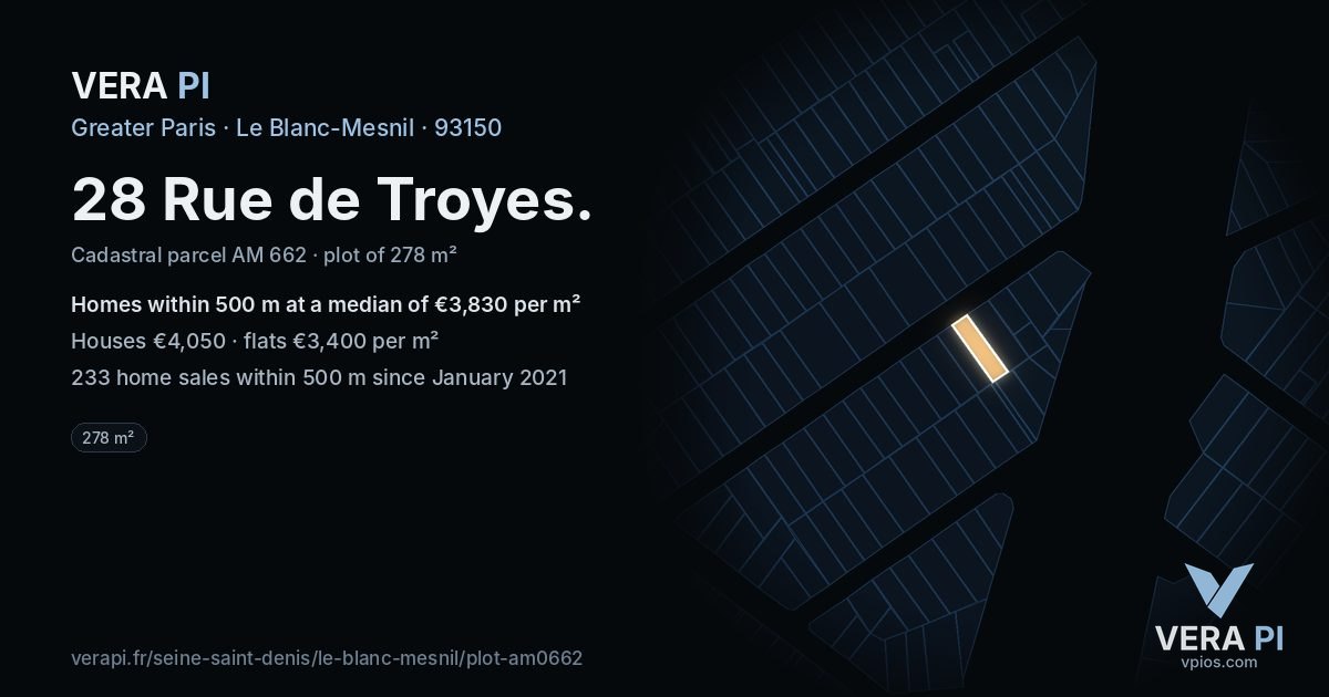 28 Rue de Troyes, Le Blanc-Mesnil at night – the plot lit, the parcels around coloured by the prices near them