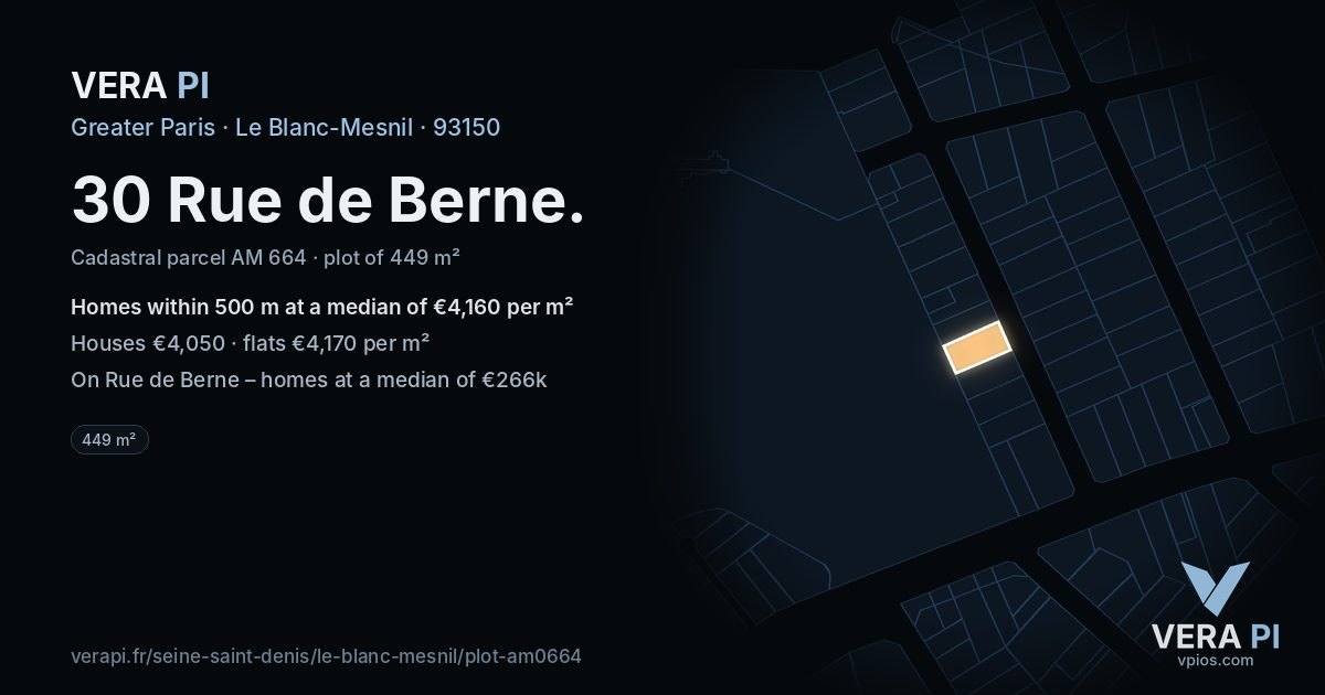 30 Rue de Berne, Le Blanc-Mesnil at night – the plot lit, the parcels around coloured by the prices near them