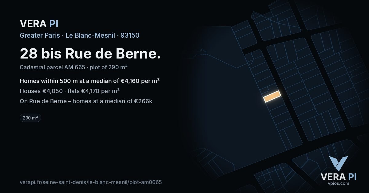 28 bis Rue de Berne, Le Blanc-Mesnil at night – the plot lit, the parcels around coloured by the prices near them