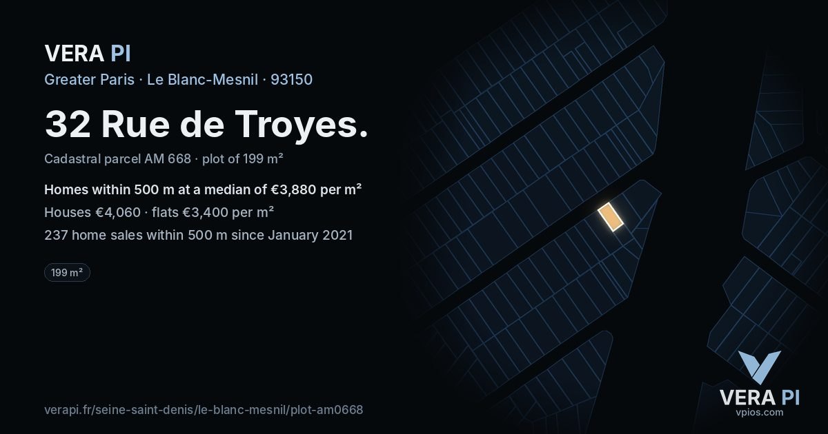 32 Rue de Troyes, Le Blanc-Mesnil at night – the plot lit, the parcels around coloured by the prices near them