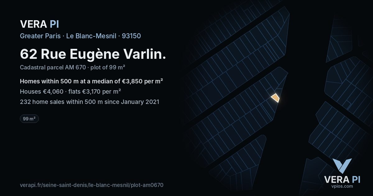 62 Rue Eugène Varlin, Le Blanc-Mesnil at night – the plot lit, the parcels around coloured by the prices near them