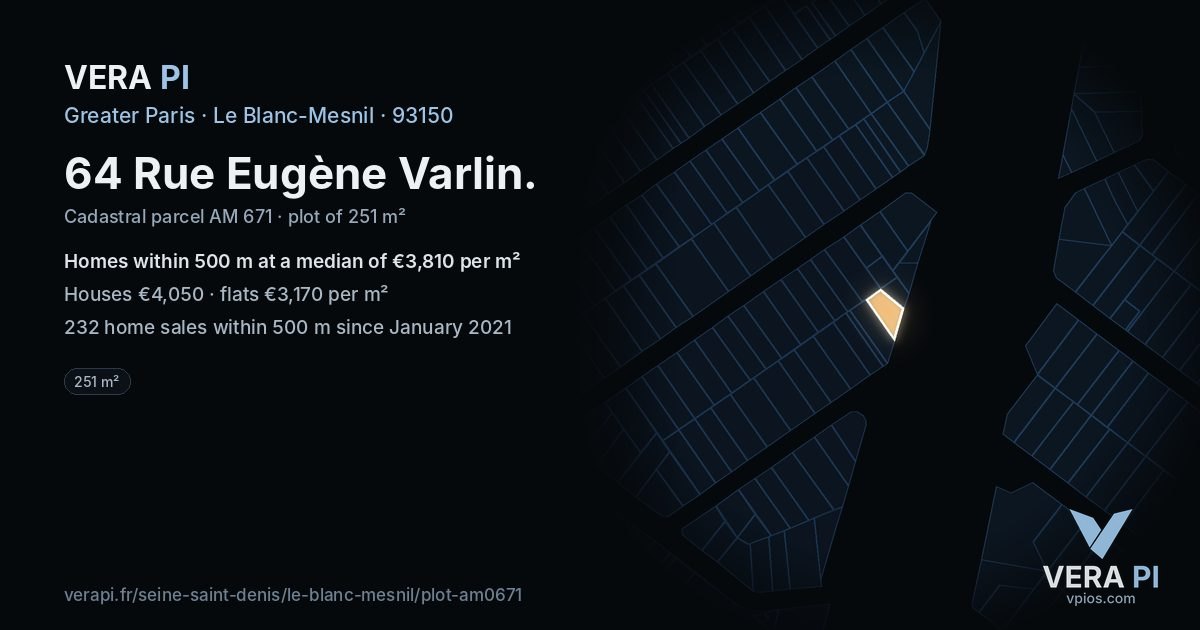 64 Rue Eugène Varlin, Le Blanc-Mesnil at night – the plot lit, the parcels around coloured by the prices near them