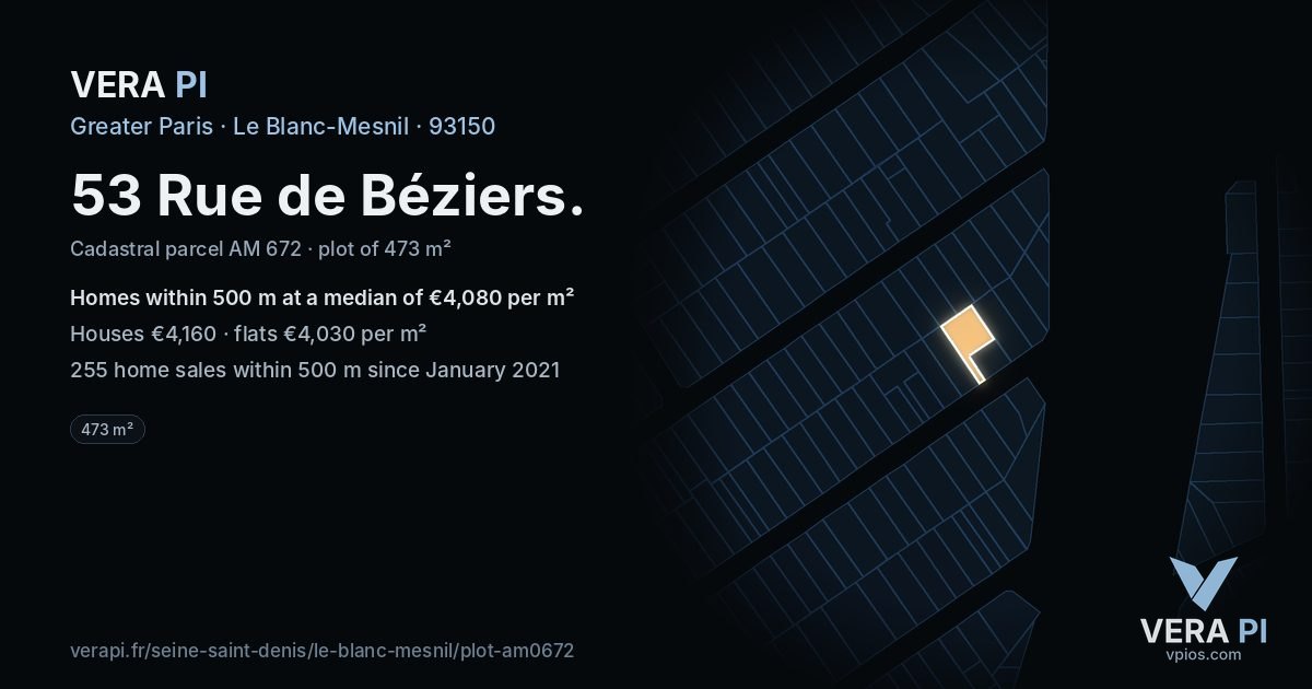 53 Rue de Béziers, Le Blanc-Mesnil at night – the plot lit, the parcels around coloured by the prices near them