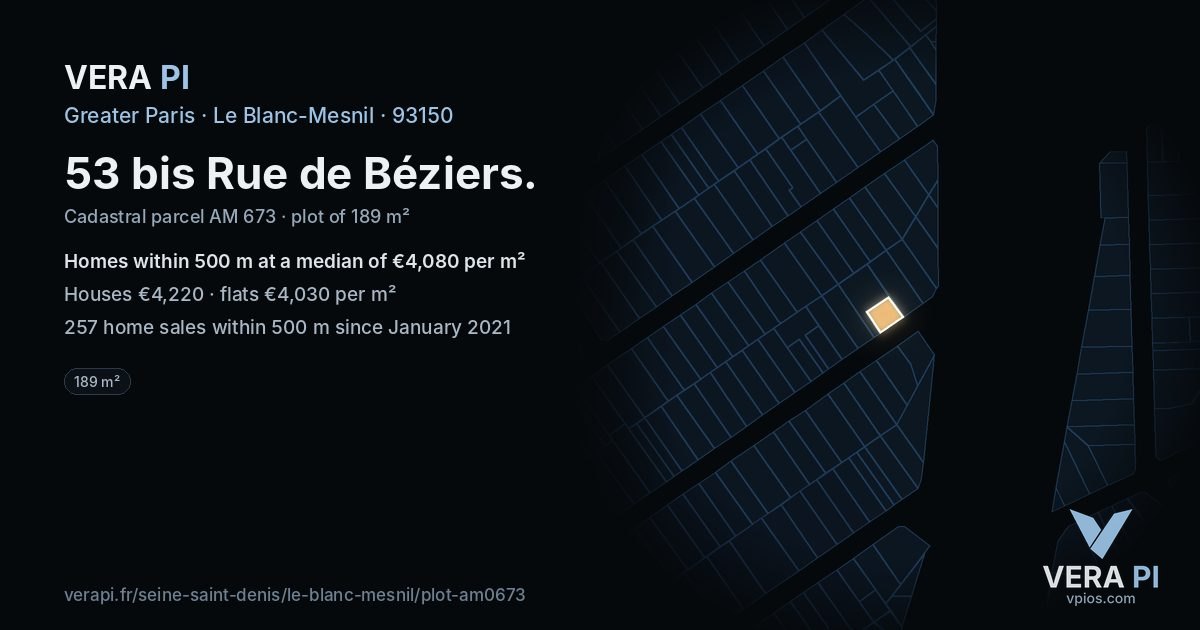 53 bis Rue de Béziers, Le Blanc-Mesnil at night – the plot lit, the parcels around coloured by the prices near them