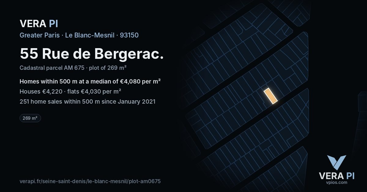 55 Rue de Bergerac, Le Blanc-Mesnil at night – the plot lit, the parcels around coloured by the prices near them