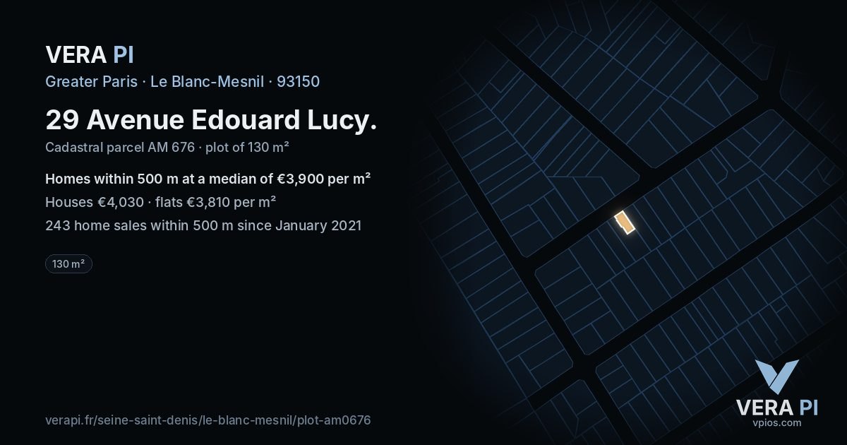29 Avenue Edouard Lucy, Le Blanc-Mesnil at night – the plot lit, the parcels around coloured by the prices near them
