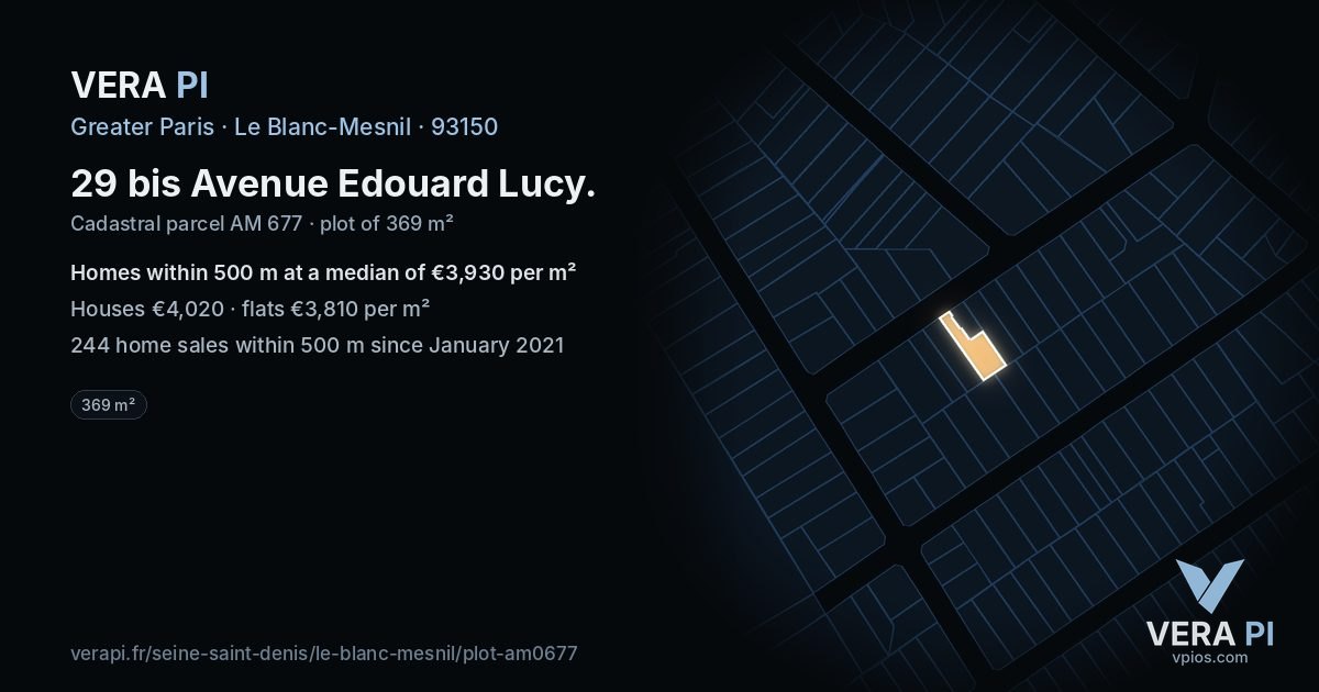 29 bis Avenue Edouard Lucy, Le Blanc-Mesnil at night – the plot lit, the parcels around coloured by the prices near them