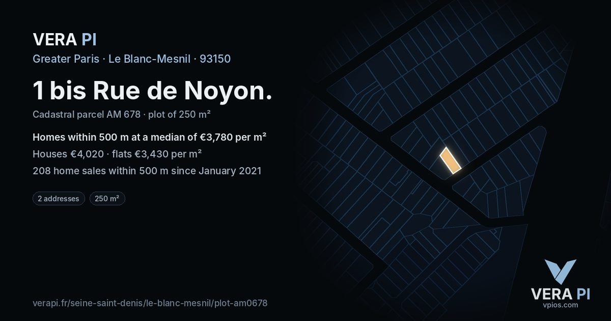 1 bis Rue de Noyon, Le Blanc-Mesnil at night – the plot lit, the parcels around coloured by the prices near them