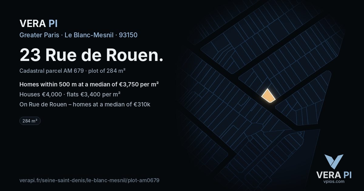 23 Rue de Rouen, Le Blanc-Mesnil at night – the plot lit, the parcels around coloured by the prices near them