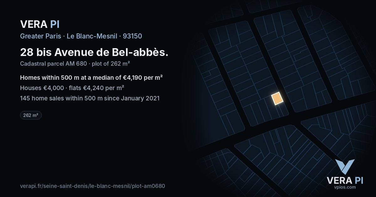 28 bis Avenue de Bel-abbès, Le Blanc-Mesnil at night – the plot lit, the parcels around coloured by the prices near them