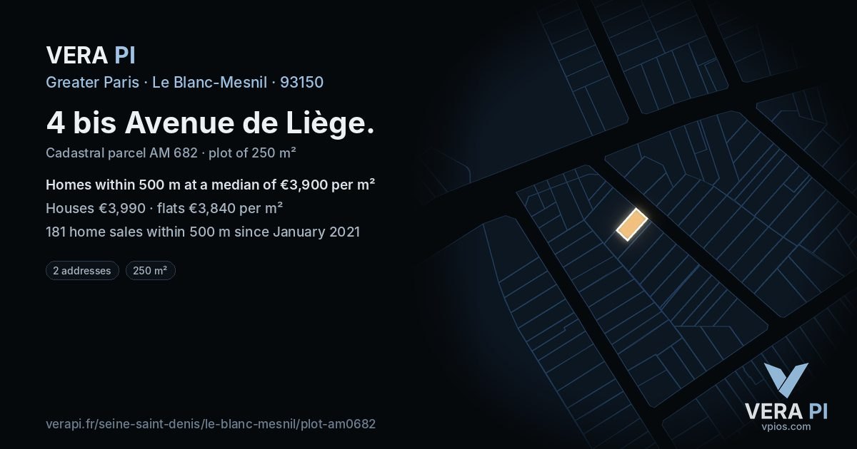 4 bis Avenue de Liège, Le Blanc-Mesnil at night – the plot lit, the parcels around coloured by the prices near them