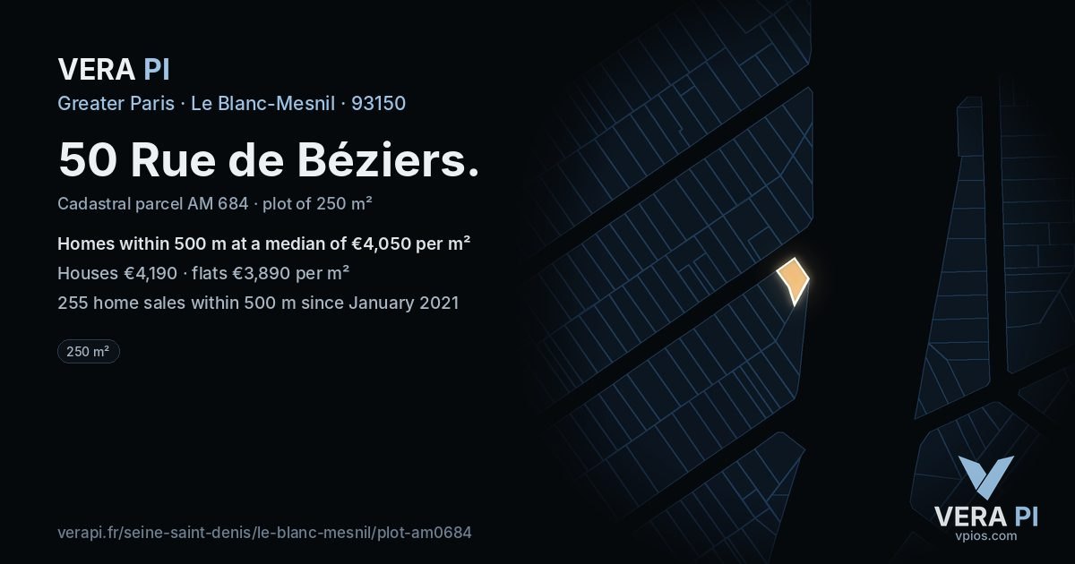 50 Rue de Béziers, Le Blanc-Mesnil at night – the plot lit, the parcels around coloured by the prices near them