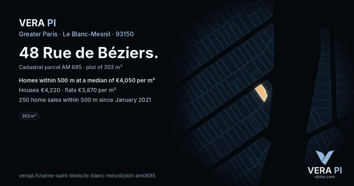 48 Rue de Béziers, Le Blanc-Mesnil at night – the plot lit, the parcels around coloured by the prices near them
