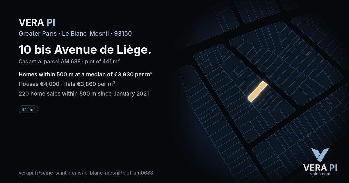 10 bis Avenue de Liège, Le Blanc-Mesnil at night – the plot lit, the parcels around coloured by the prices near them