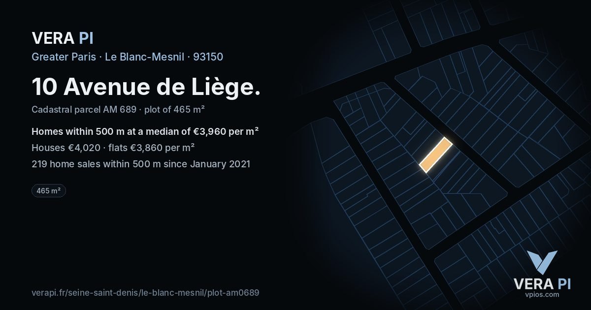 10 Avenue de Liège, Le Blanc-Mesnil at night – the plot lit, the parcels around coloured by the prices near them