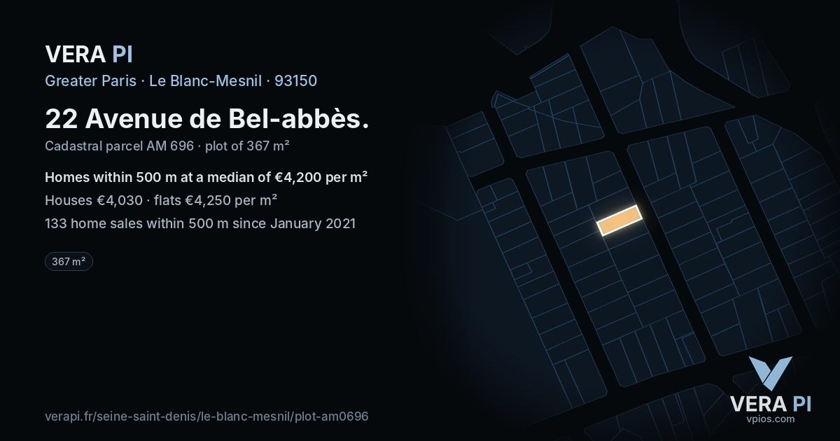 22 Avenue de Bel-abbès, Le Blanc-Mesnil at night – the plot lit, the parcels around coloured by the prices near them
