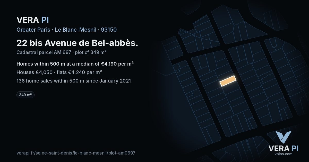 22 bis Avenue de Bel-abbès, Le Blanc-Mesnil at night – the plot lit, the parcels around coloured by the prices near them