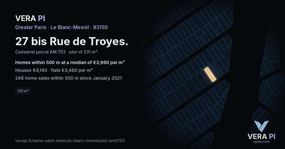 27 bis Rue de Troyes, Le Blanc-Mesnil at night – the plot lit, the parcels around coloured by the prices near them
