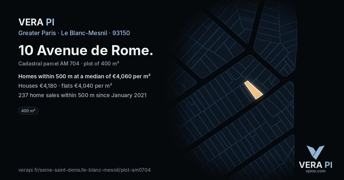 10 Avenue de Rome, Le Blanc-Mesnil at night – the plot lit, the parcels around coloured by the prices near them