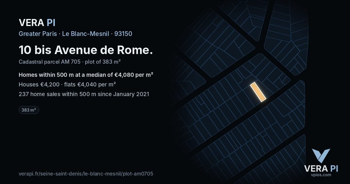 10 bis Avenue de Rome, Le Blanc-Mesnil at night – the plot lit, the parcels around coloured by the prices near them