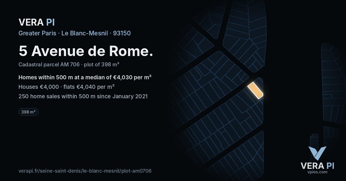 5 Avenue de Rome, Le Blanc-Mesnil at night – the plot lit, the parcels around coloured by the prices near them