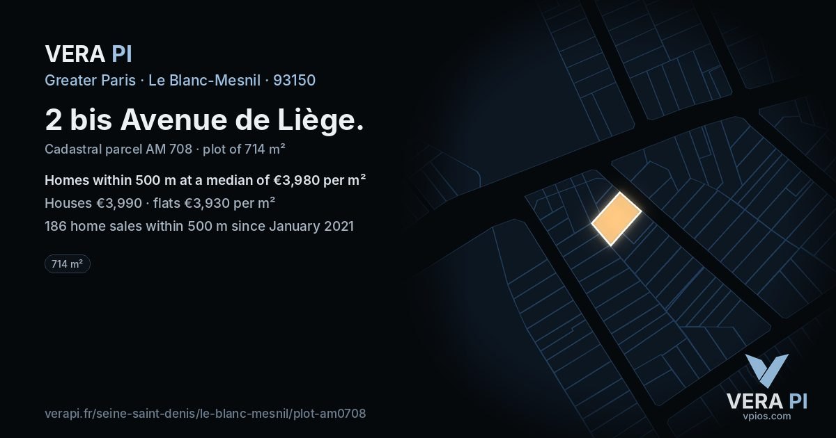 2 bis Avenue de Liège, Le Blanc-Mesnil at night – the plot lit, the parcels around coloured by the prices near them