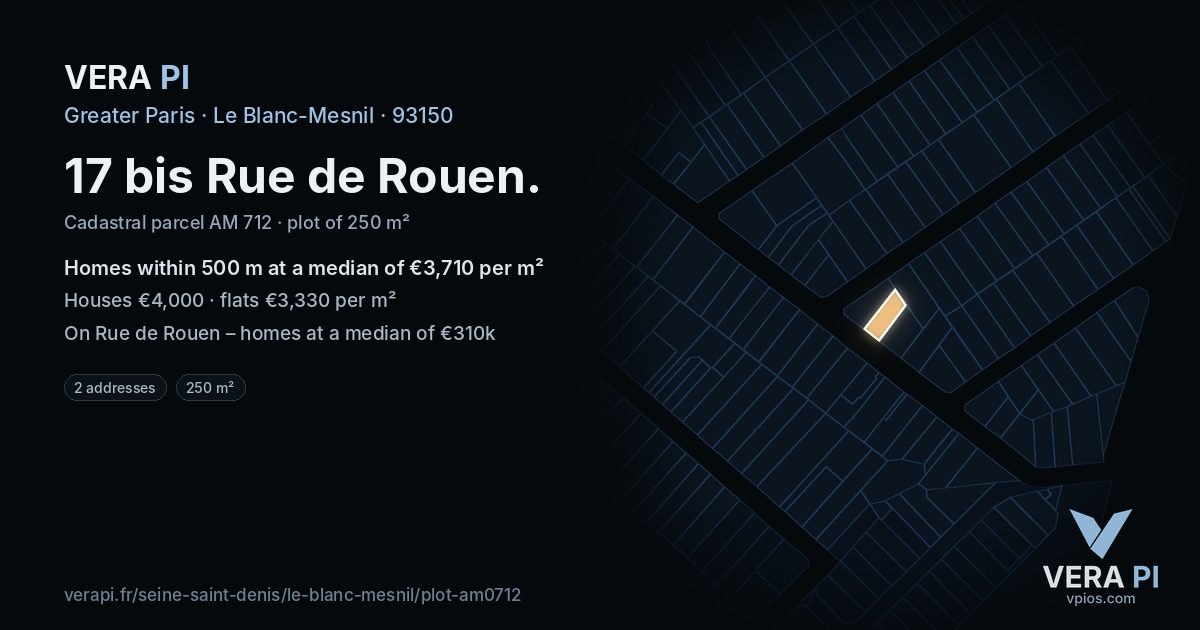 17 bis Rue de Rouen, Le Blanc-Mesnil at night – the plot lit, the parcels around coloured by the prices near them