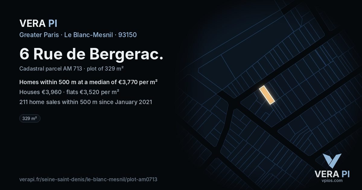 6 Rue de Bergerac, Le Blanc-Mesnil at night – the plot lit, the parcels around coloured by the prices near them