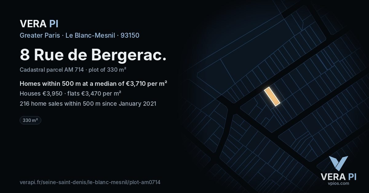 8 Rue de Bergerac, Le Blanc-Mesnil at night – the plot lit, the parcels around coloured by the prices near them