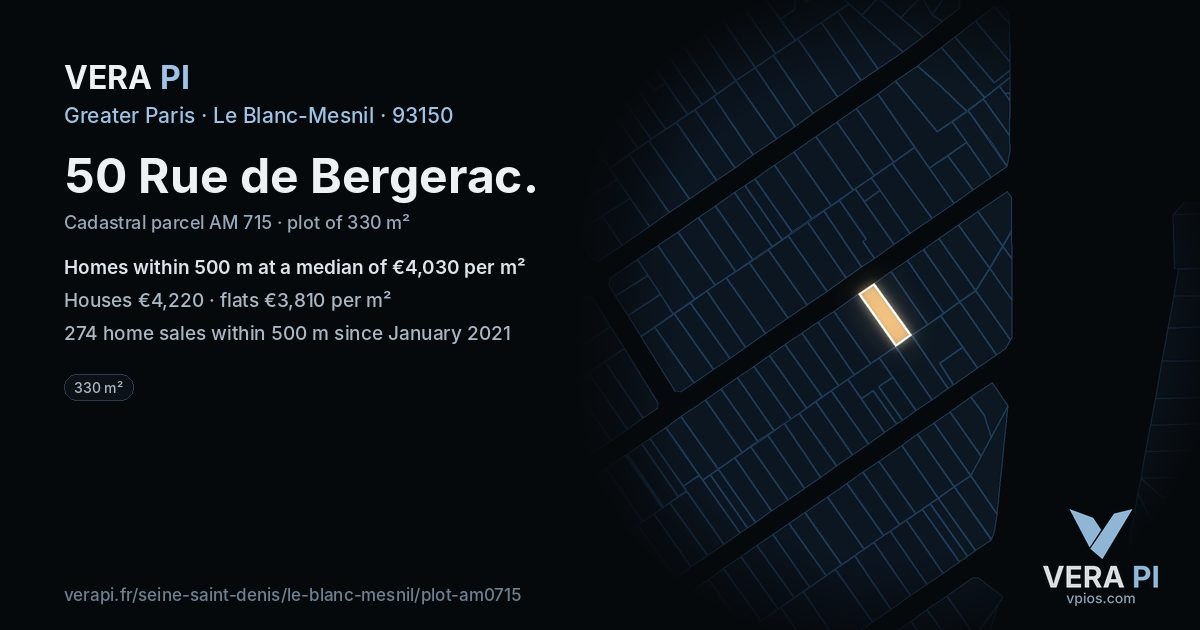 50 Rue de Bergerac, Le Blanc-Mesnil at night – the plot lit, the parcels around coloured by the prices near them