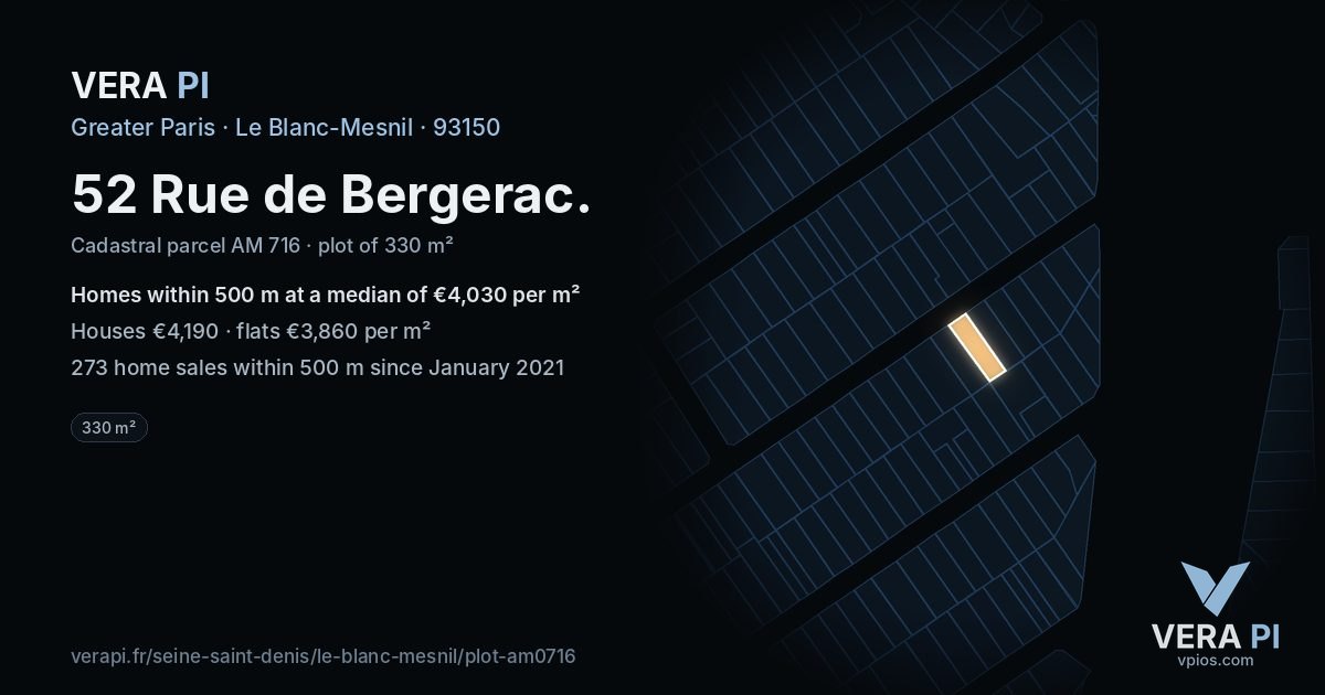52 Rue de Bergerac, Le Blanc-Mesnil at night – the plot lit, the parcels around coloured by the prices near them