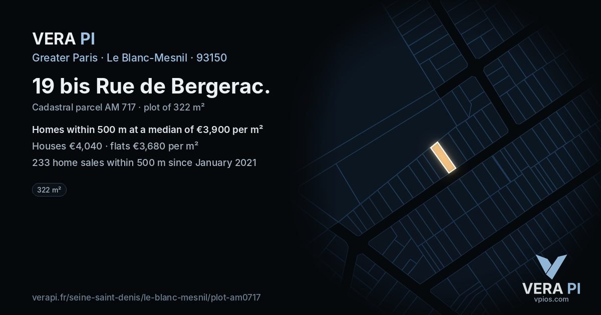 19 bis Rue de Bergerac, Le Blanc-Mesnil at night – the plot lit, the parcels around coloured by the prices near them