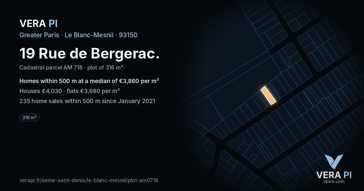 19 Rue de Bergerac, Le Blanc-Mesnil at night – the plot lit, the parcels around coloured by the prices near them