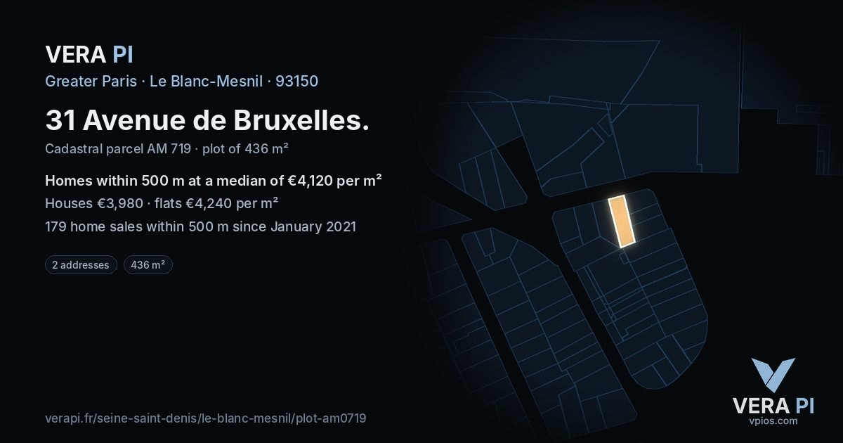 31 Avenue de Bruxelles, Le Blanc-Mesnil at night – the plot lit, the parcels around coloured by the prices near them