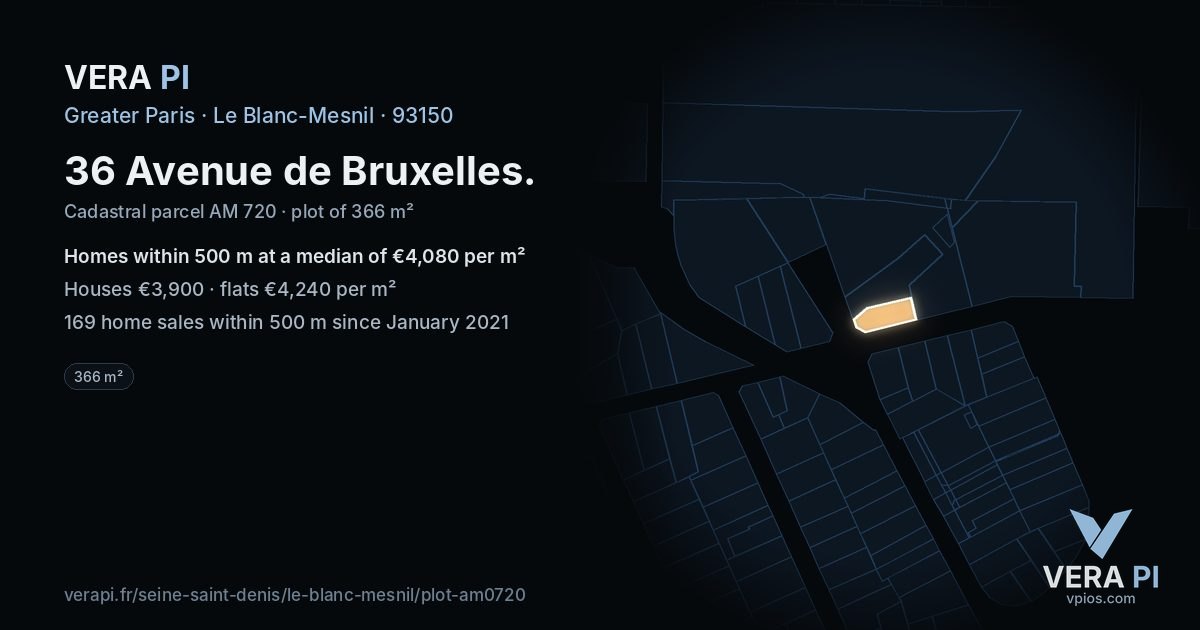 36 Avenue de Bruxelles, Le Blanc-Mesnil at night – the plot lit, the parcels around coloured by the prices near them