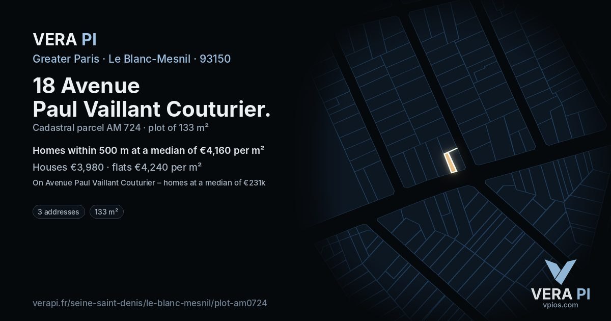 18 Avenue Paul Vaillant Couturier, Le Blanc-Mesnil at night – the plot lit, the parcels around coloured by the prices near them