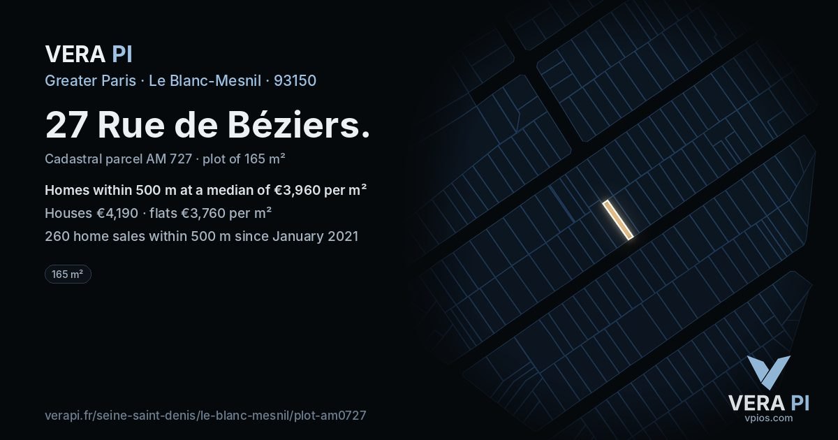 27 Rue de Béziers, Le Blanc-Mesnil at night – the plot lit, the parcels around coloured by the prices near them
