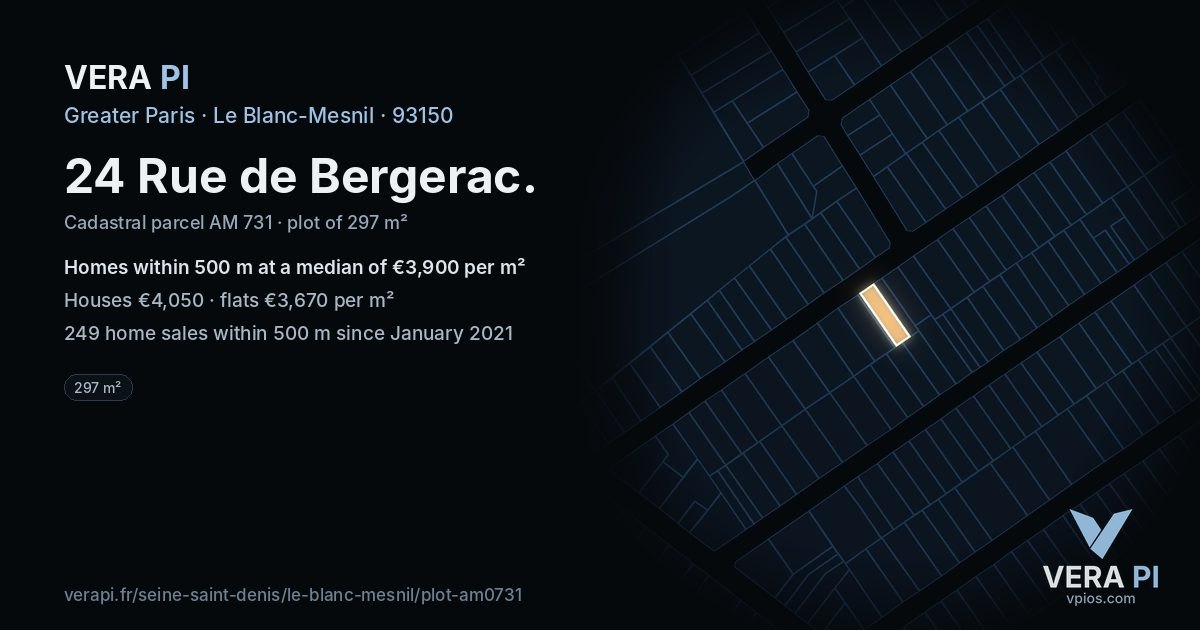 24 Rue de Bergerac, Le Blanc-Mesnil at night – the plot lit, the parcels around coloured by the prices near them