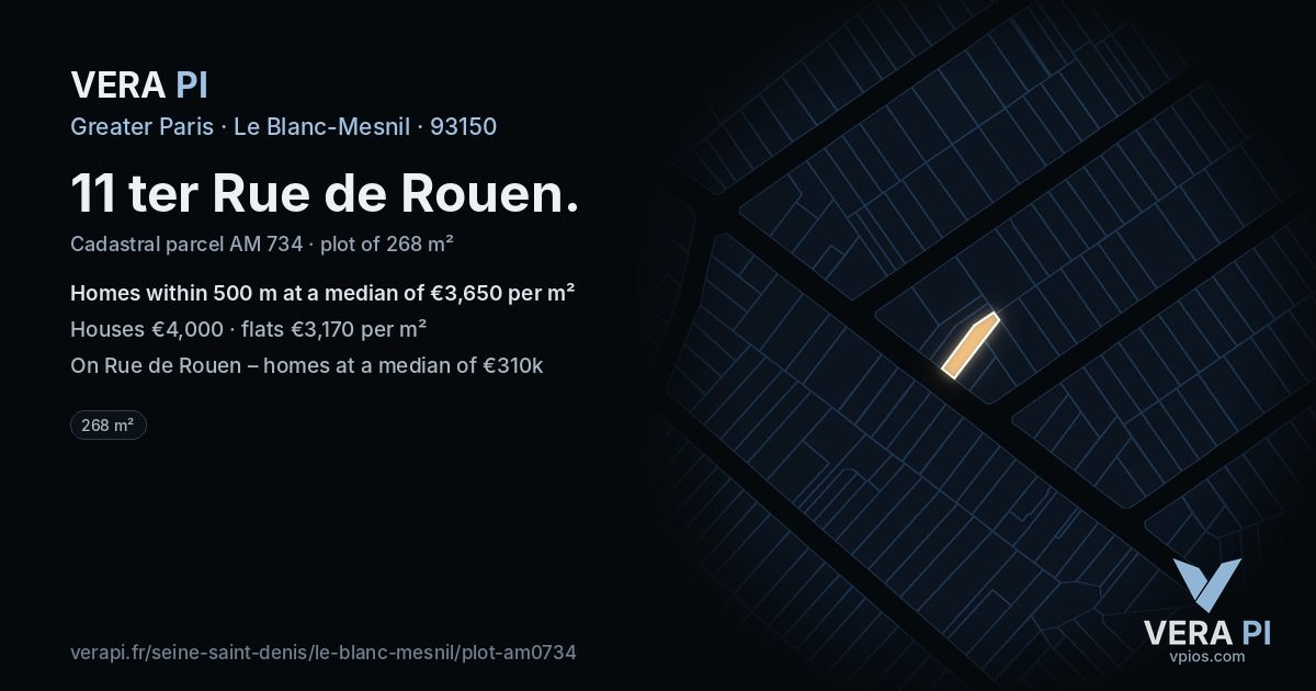 11 ter Rue de Rouen, Le Blanc-Mesnil at night – the plot lit, the parcels around coloured by the prices near them