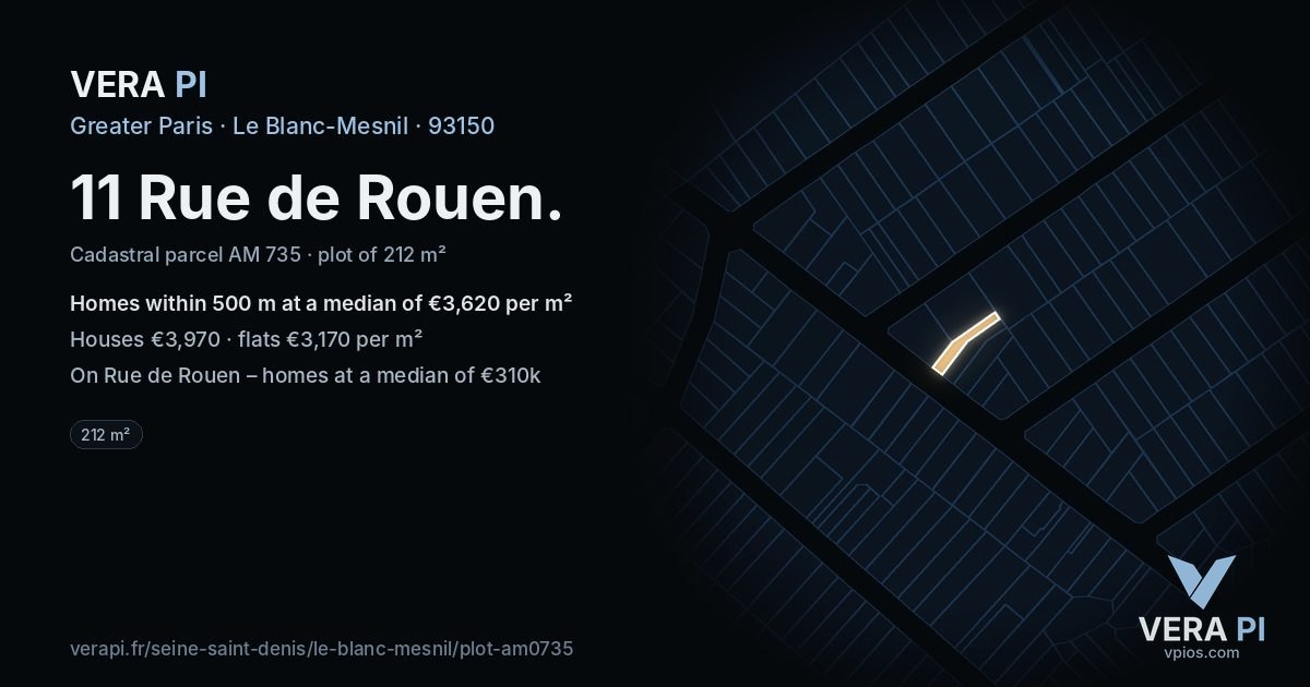 11 Rue de Rouen, Le Blanc-Mesnil at night – the plot lit, the parcels around coloured by the prices near them
