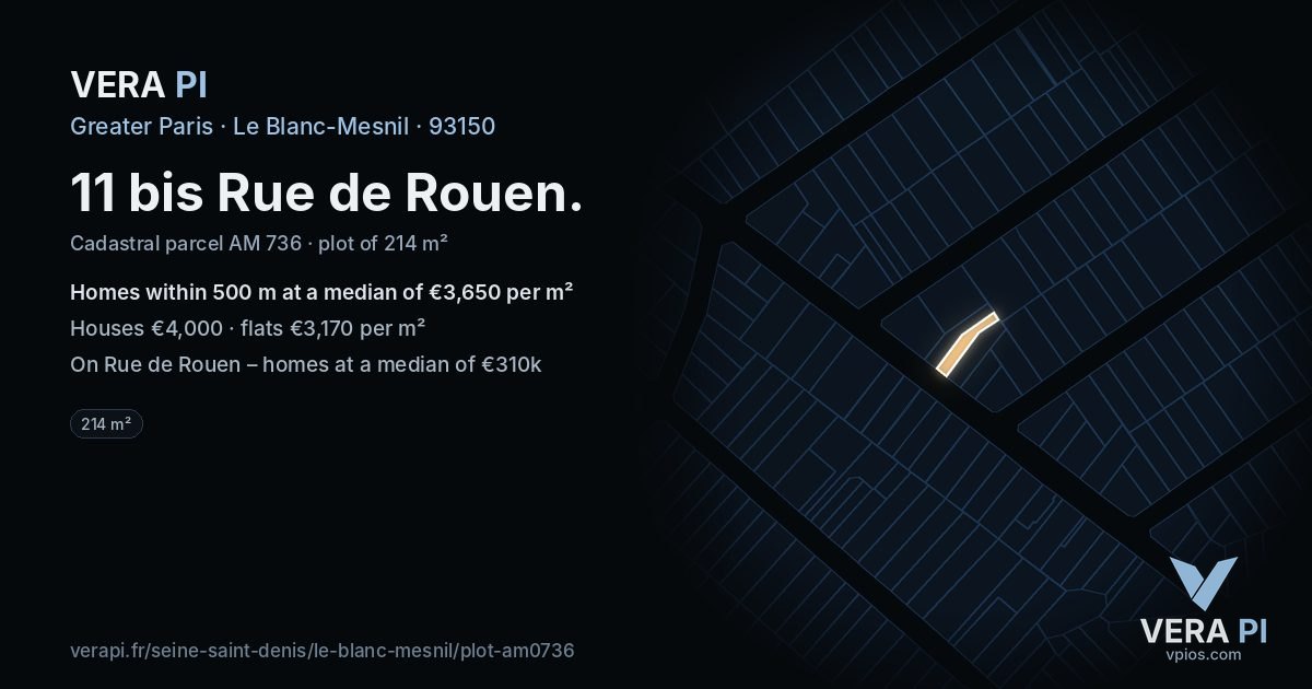 11 bis Rue de Rouen, Le Blanc-Mesnil at night – the plot lit, the parcels around coloured by the prices near them