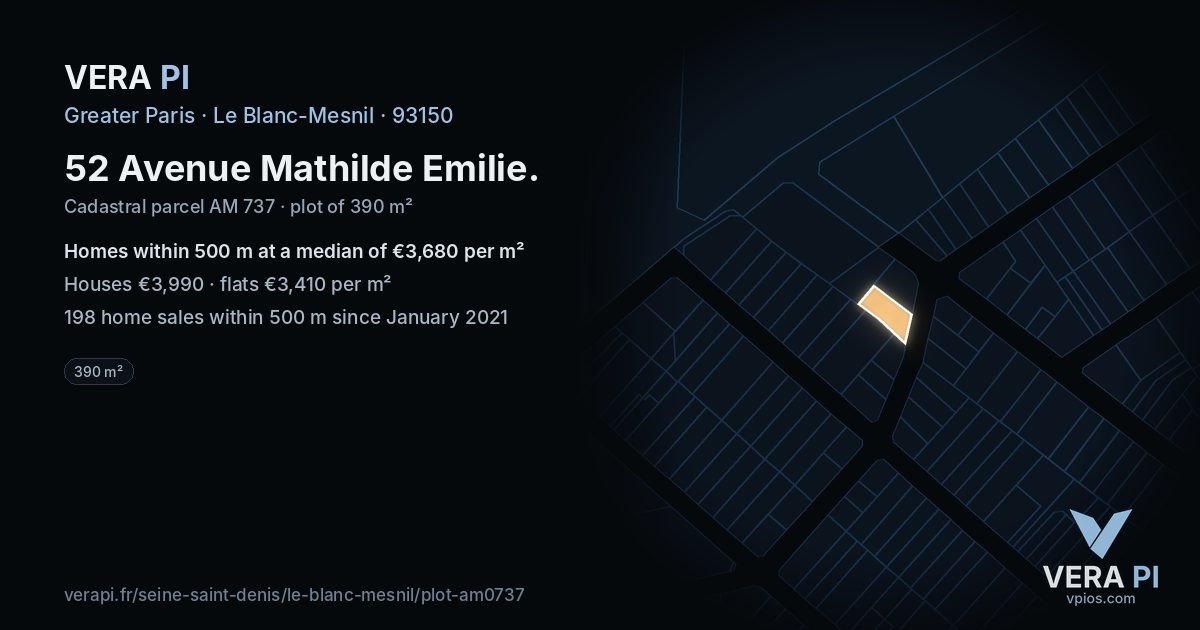 52 Avenue Mathilde Emilie, Le Blanc-Mesnil at night – the plot lit, the parcels around coloured by the prices near them