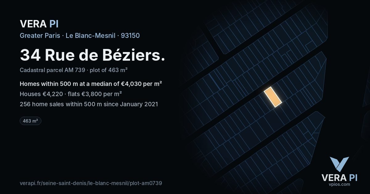 34 Rue de Béziers, Le Blanc-Mesnil at night – the plot lit, the parcels around coloured by the prices near them