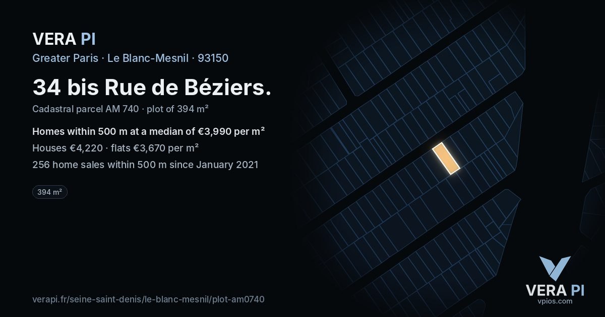 34 bis Rue de Béziers, Le Blanc-Mesnil at night – the plot lit, the parcels around coloured by the prices near them
