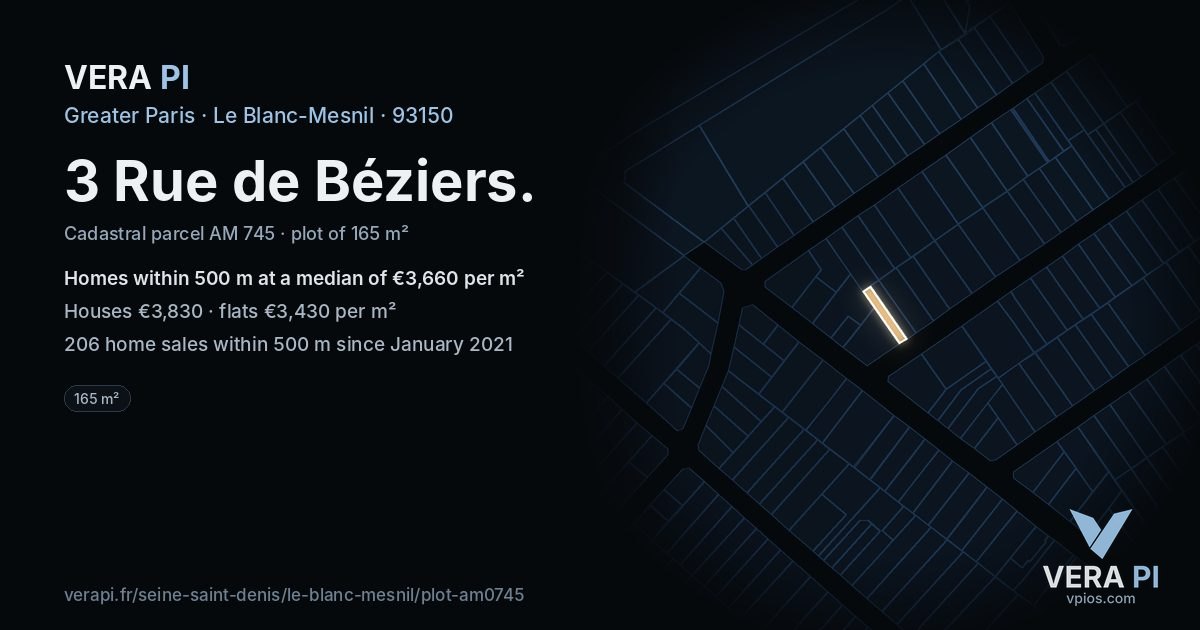 3 Rue de Béziers, Le Blanc-Mesnil at night – the plot lit, the parcels around coloured by the prices near them