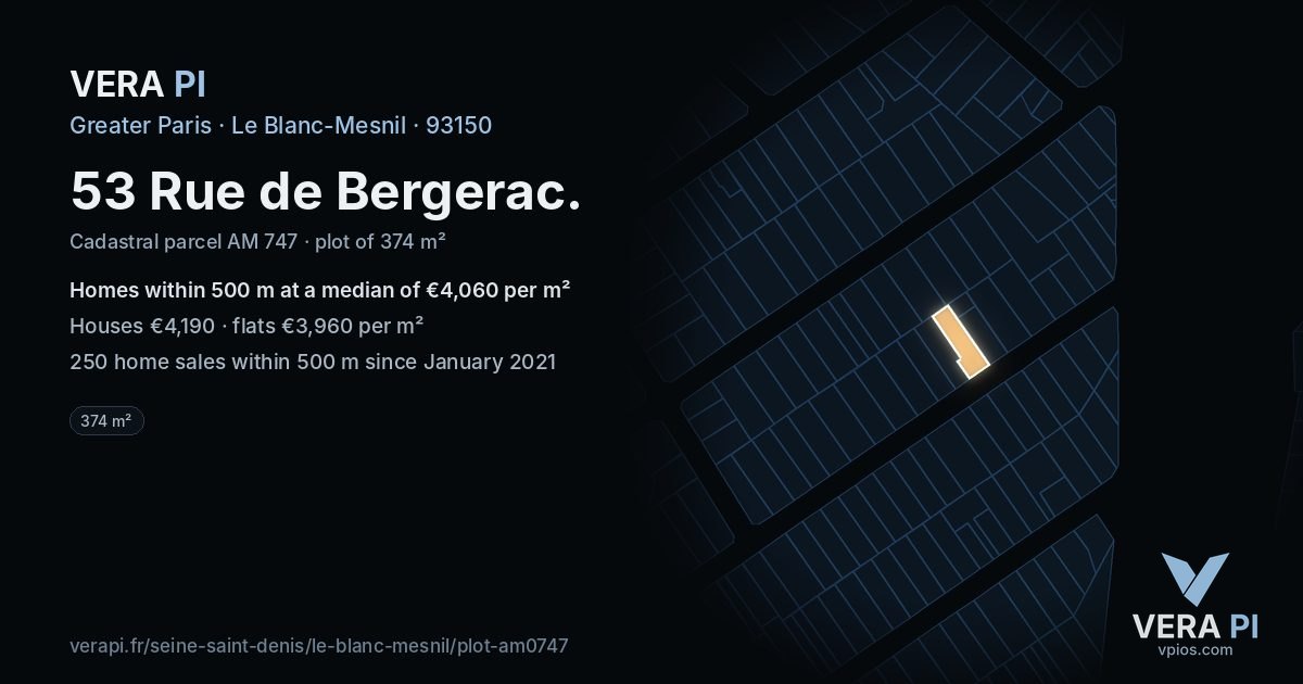 53 Rue de Bergerac, Le Blanc-Mesnil at night – the plot lit, the parcels around coloured by the prices near them