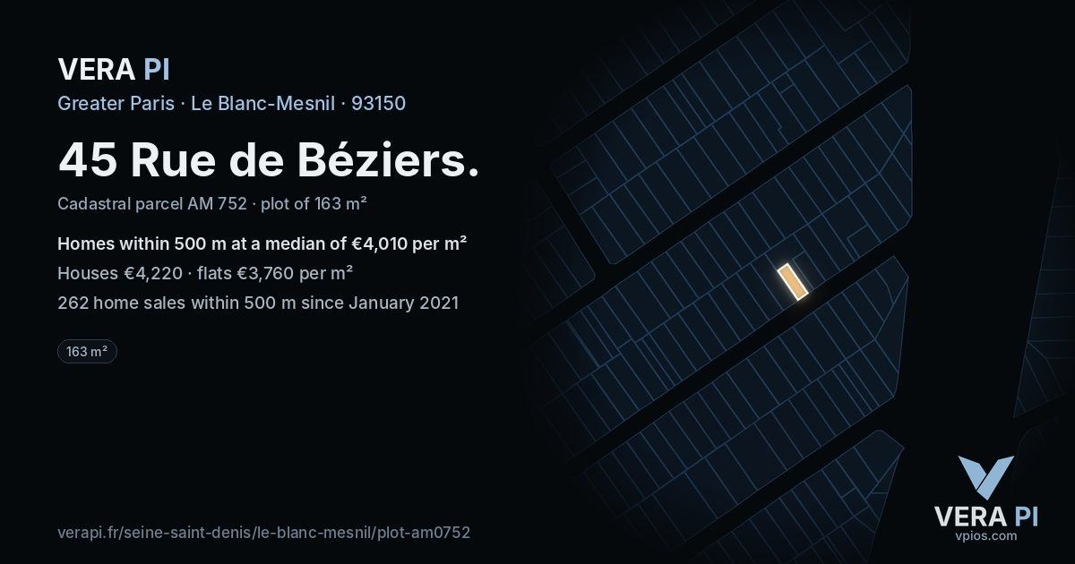 45 Rue de Béziers, Le Blanc-Mesnil at night – the plot lit, the parcels around coloured by the prices near them